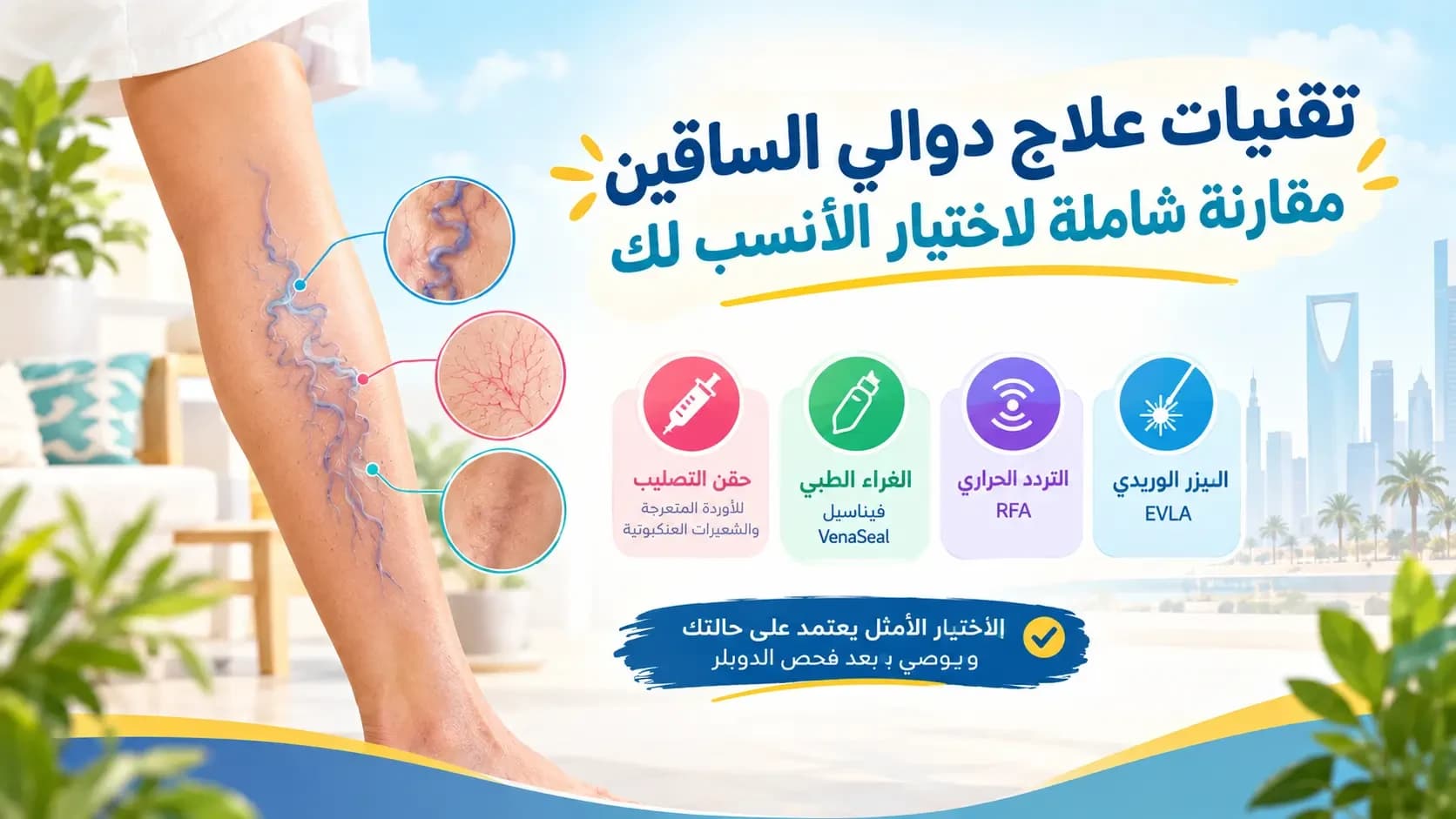 الفرق بين الليزر والتردد الحراري والغراء الطبي وحقن التصليب: أي تقنية أنسب لعلاج دوالي الساقين؟