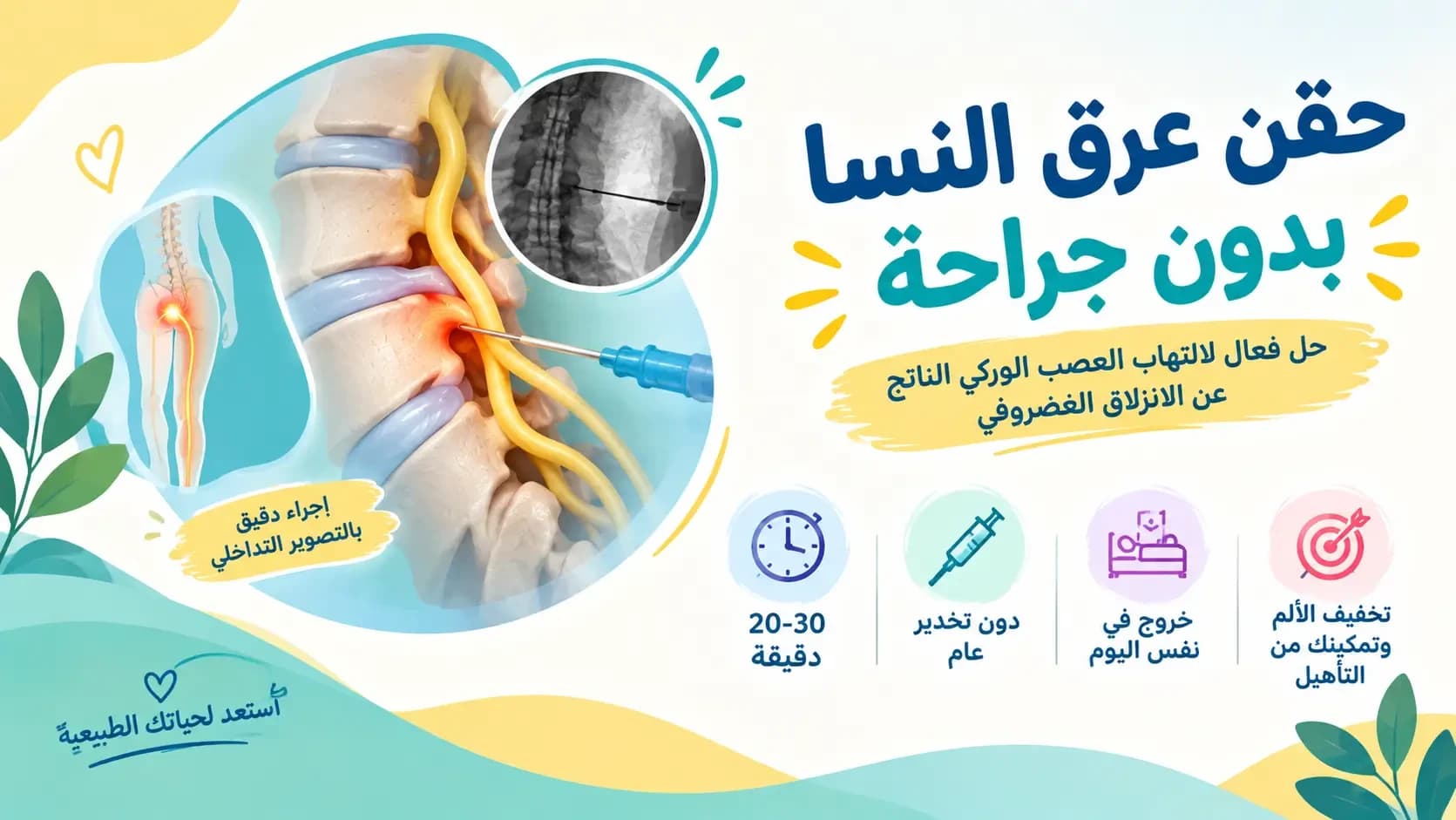 علاج عرق النسا وآلام أسفل الظهر بدون جراحة: حقن فوق الجافية وحجب جذر العصب
